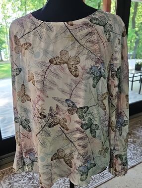 Keren Hart Sheer Butterfly Print Blouse in Pastel Greens and Browns.Size L